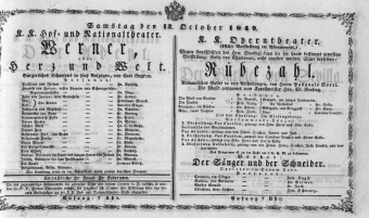 Theaterzettel (Oper und Burgtheater in Wien) 18491013 Seite: 1