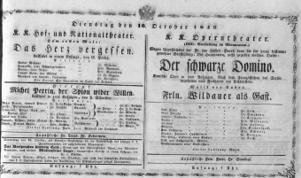 Theaterzettel (Oper und Burgtheater in Wien) 18491016 Seite: 1