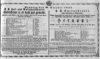 Theaterzettel (Oper und Burgtheater in Wien) 18491021 Seite: 1