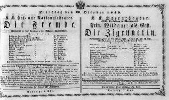 Theaterzettel (Oper und Burgtheater in Wien) 18491023 Seite: 1