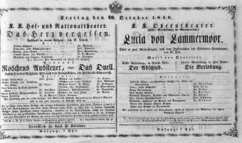 Theaterzettel (Oper und Burgtheater in Wien) 18491026 Seite: 1