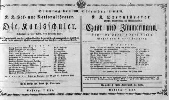 Theaterzettel (Oper und Burgtheater in Wien) 18491230 Seite: 1