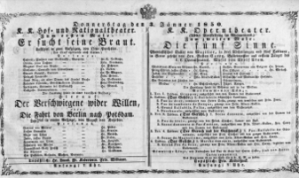 Theaterzettel (Oper und Burgtheater in Wien) 18500103 Seite: 1