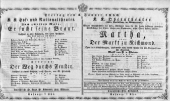 Theaterzettel (Oper und Burgtheater in Wien) 18500104 Seite: 1
