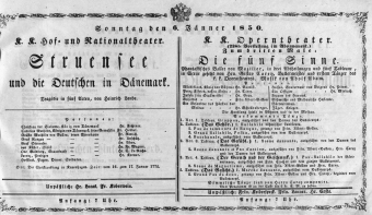 Theaterzettel (Oper und Burgtheater in Wien) 18500106 Seite: 1