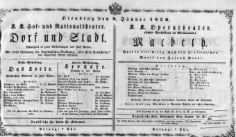 Theaterzettel (Oper und Burgtheater in Wien) 18500108 Seite: 1