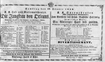 Theaterzettel (Oper und Burgtheater in Wien) 18500112 Seite: 1