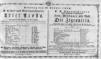 Theaterzettel (Oper und Burgtheater in Wien) 18500113 Seite: 1