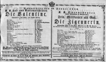 Theaterzettel (Oper und Burgtheater in Wien) 18500117 Seite: 1