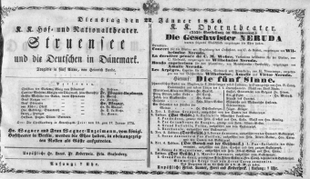 Theaterzettel (Oper und Burgtheater in Wien) 18500122 Seite: 1