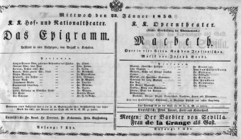 Theaterzettel (Oper und Burgtheater in Wien) 18500123 Seite: 1