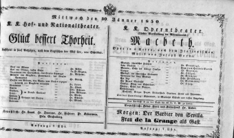 Theaterzettel (Oper und Burgtheater in Wien) 18500130 Seite: 1