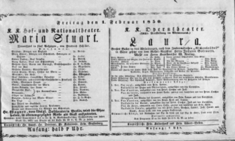 Theaterzettel (Oper und Burgtheater in Wien) 18500201 Seite: 1