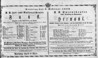 Theaterzettel (Oper und Burgtheater in Wien) 18500203 Seite: 1