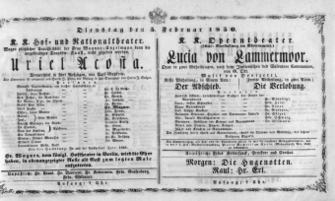 Theaterzettel (Oper und Burgtheater in Wien) 18500205 Seite: 1
