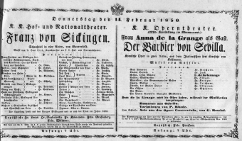 Theaterzettel (Oper und Burgtheater in Wien) 18500214 Seite: 1