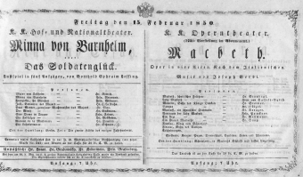 Theaterzettel (Oper und Burgtheater in Wien) 18500215 Seite: 1
