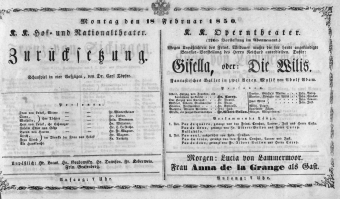 Theaterzettel (Oper und Burgtheater in Wien) 18500218 Seite: 1