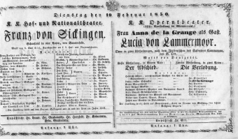 Theaterzettel (Oper und Burgtheater in Wien) 18500219 Seite: 1
