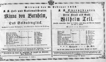 Theaterzettel (Oper und Burgtheater in Wien) 18500220 Seite: 1