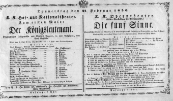 Theaterzettel (Oper und Burgtheater in Wien) 18500221 Seite: 1
