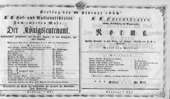 Theaterzettel (Oper und Burgtheater in Wien) 18500222 Seite: 1