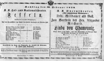 Theaterzettel (Oper und Burgtheater in Wien) 18500223 Seite: 1