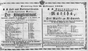 Theaterzettel (Oper und Burgtheater in Wien) 18500224 Seite: 1