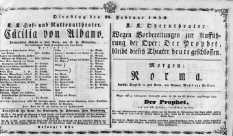 Theaterzettel (Oper und Burgtheater in Wien) 18500226 Seite: 1
