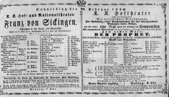 Theaterzettel (Oper und Burgtheater in Wien) 18500228 Seite: 1
