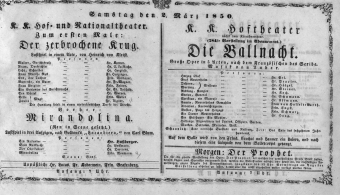Theaterzettel (Oper und Burgtheater in Wien) 18500302 Seite: 1