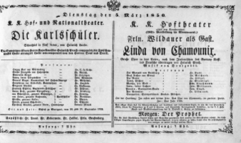 Theaterzettel (Oper und Burgtheater in Wien) 18500305 Seite: 1