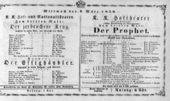 Theaterzettel (Oper und Burgtheater in Wien) 18500306 Seite: 1