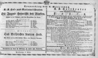 Theaterzettel (Oper und Burgtheater in Wien) 18500307 Seite: 1