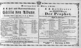 Theaterzettel (Oper und Burgtheater in Wien) 18500311 Seite: 1