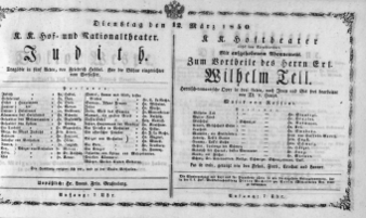 Theaterzettel (Oper und Burgtheater in Wien) 18500312 Seite: 1