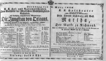 Theaterzettel (Oper und Burgtheater in Wien) 18500319 Seite: 1