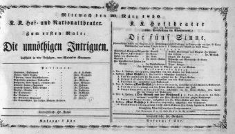 Theaterzettel (Oper und Burgtheater in Wien) 18500320 Seite: 1