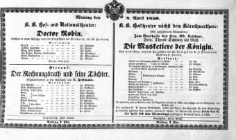 Theaterzettel (Oper und Burgtheater in Wien) 18500408 Seite: 1