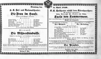 Theaterzettel (Oper und Burgtheater in Wien) 18500409 Seite: 1