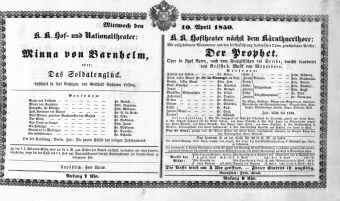 Theaterzettel (Oper und Burgtheater in Wien) 18500410 Seite: 1