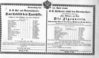 Theaterzettel (Oper und Burgtheater in Wien) 18500411 Seite: 1