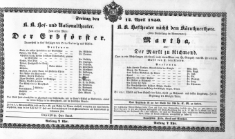 Theaterzettel (Oper und Burgtheater in Wien) 18500412 Seite: 1