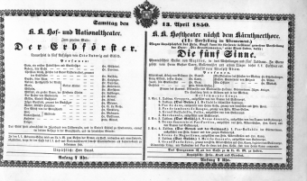 Theaterzettel (Oper und Burgtheater in Wien) 18500413 Seite: 1
