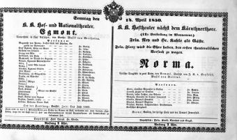 Theaterzettel (Oper und Burgtheater in Wien) 18500414 Seite: 1