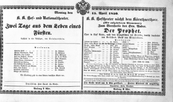 Theaterzettel (Oper und Burgtheater in Wien) 18500415 Seite: 1