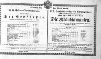 Theaterzettel (Oper und Burgtheater in Wien) 18500416 Seite: 1