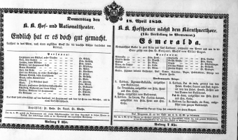 Theaterzettel (Oper und Burgtheater in Wien) 18500418 Seite: 1