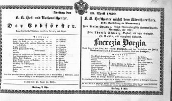 Theaterzettel (Oper und Burgtheater in Wien) 18500419 Seite: 1