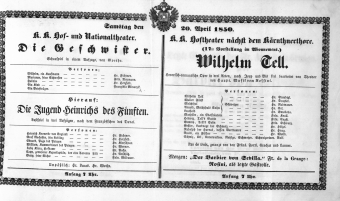 Theaterzettel (Oper und Burgtheater in Wien) 18500420 Seite: 1